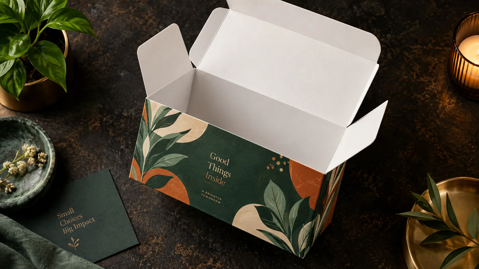 An open tuck end carton seen from above on a dark ground, a green and orange leaf print on the outside and the unprinted interior and flaps white