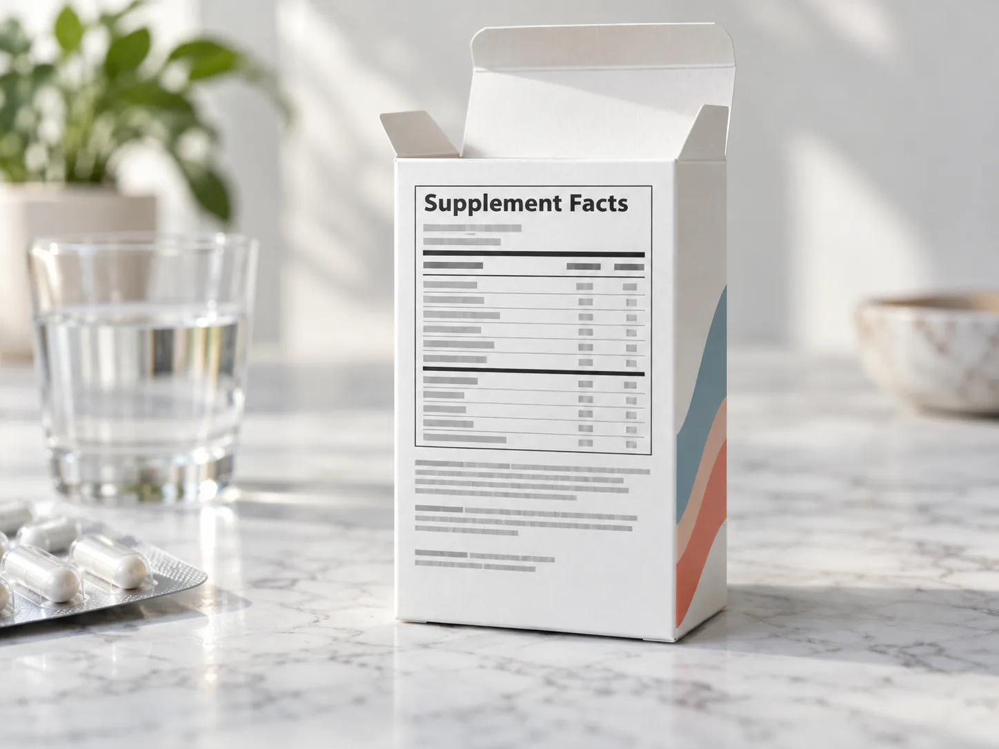 An open white carton standing on a marble bench with its Supplement Facts panel to camera, the ruled table and fine type crisp on the coated face