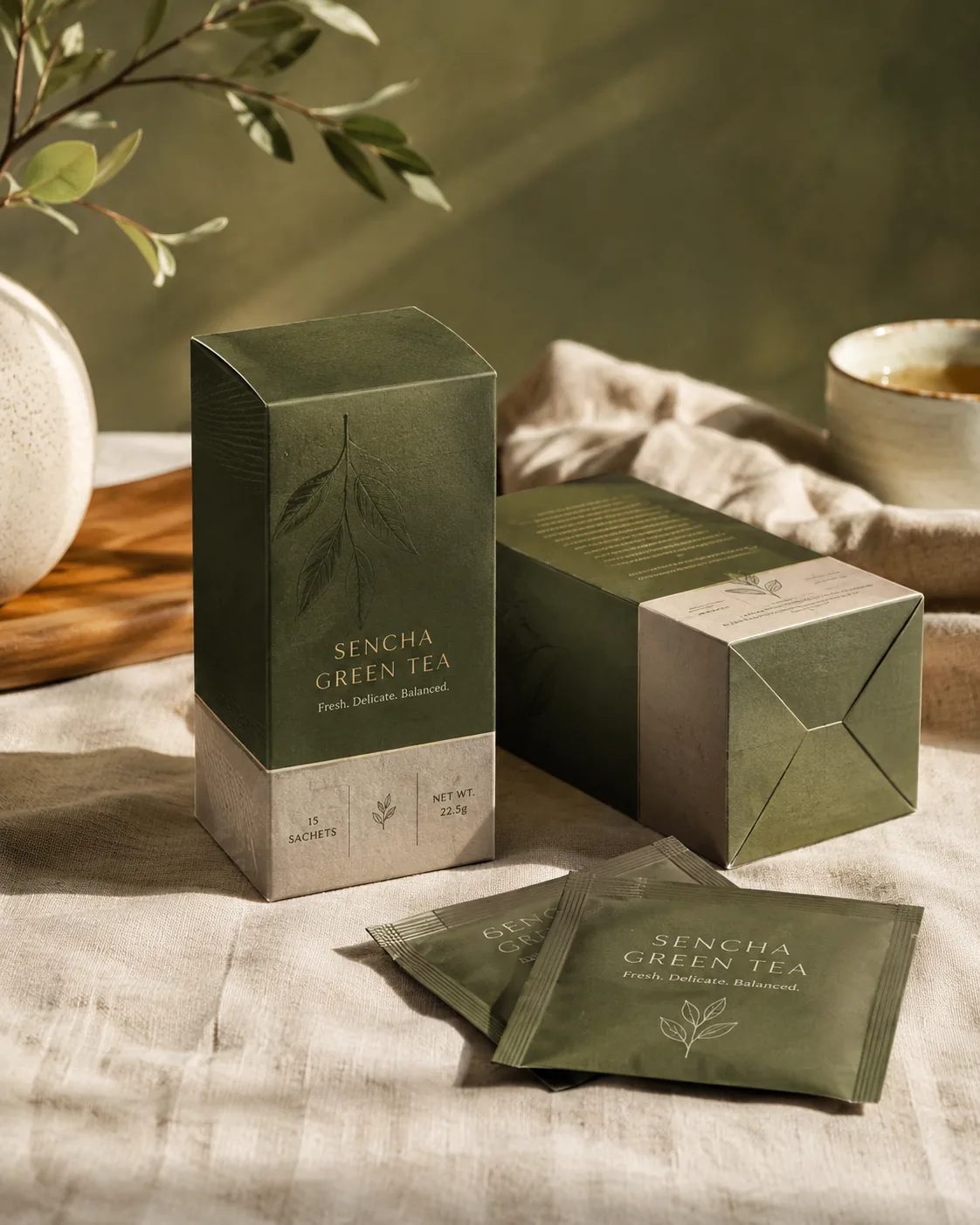 A green seal end tea carton standing on linen beside a second carton laid on its side with the glued end to camera.