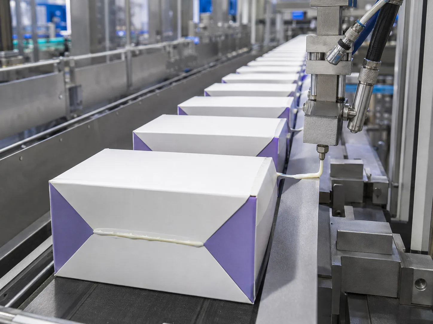 Seal end cartons receding down a filling line, the glue station laying a bead across the end flaps of the carton nearest the camera.