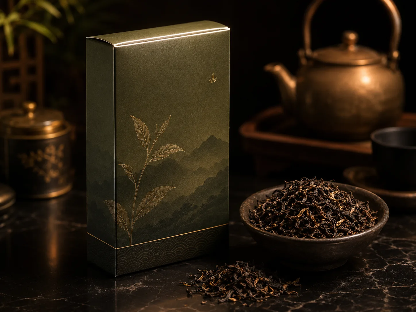 A green and gold seal end tea carton standing on a dark counter beside a bowl of loose leaf tea, the glued top edge catching a highlight.