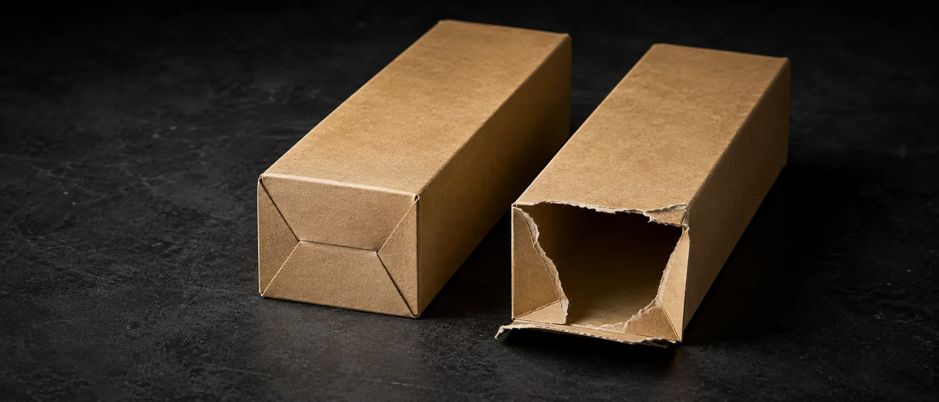 Two kraft seal end cartons on their sides on dark stone, one with the glued end flaps intact to camera and one torn open at the same end.