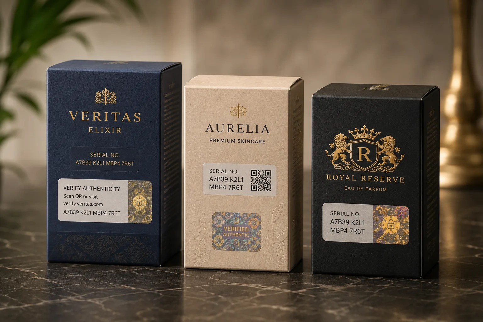 Three serialized cartons, each with a verification label and a printed security panel.