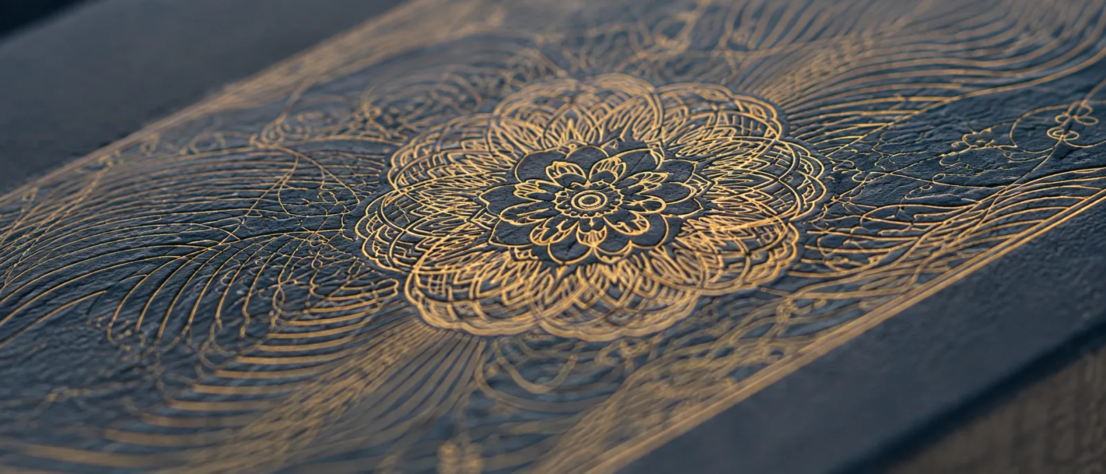 Gold guilloche line work across a navy board panel under raking light, the fine lines catching one edge