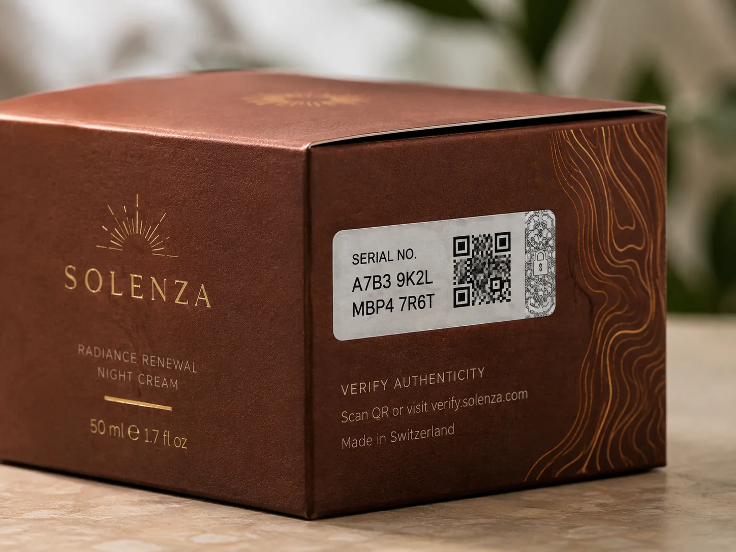 A copper carton face carrying a serial number, a scan code and a patterned security patch