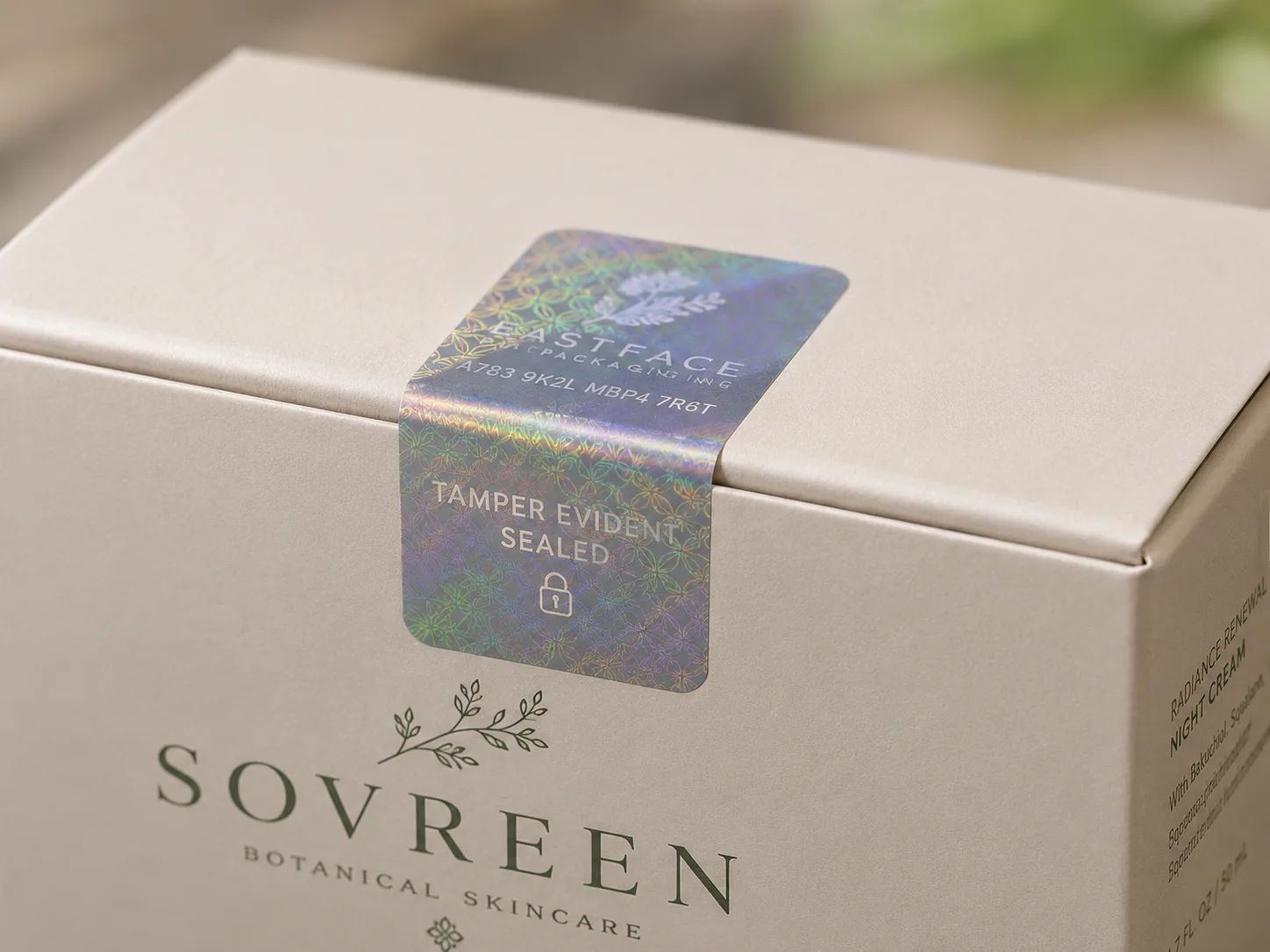 A holographic tamper evident seal bridging the lid and body of a pale skincare carton