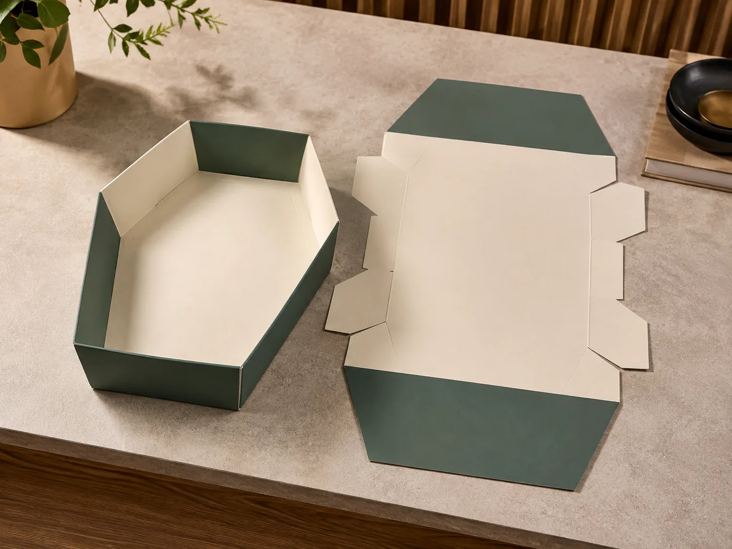 A green six corner tray erected empty on a bench beside its flat blank, the double-height ends of the blank clearly longer than its sides.