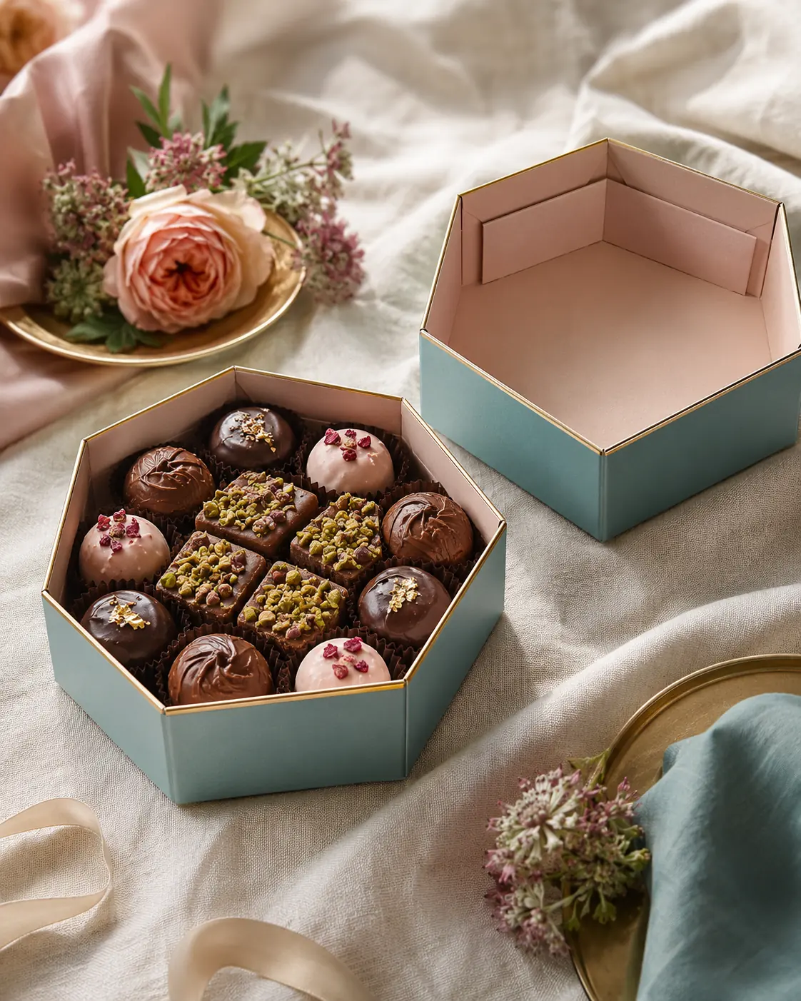 A six corner tray of chocolates on linen with a second empty one behind it, turned to show the doubled end wall.