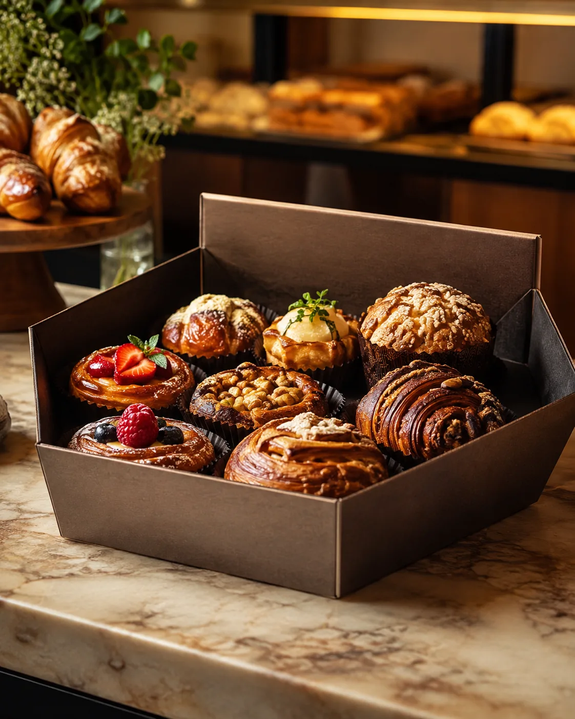 A deep six corner tray of pastries on a bakery counter, shot low so the doubled board along the end wall catches the light on its top edge.