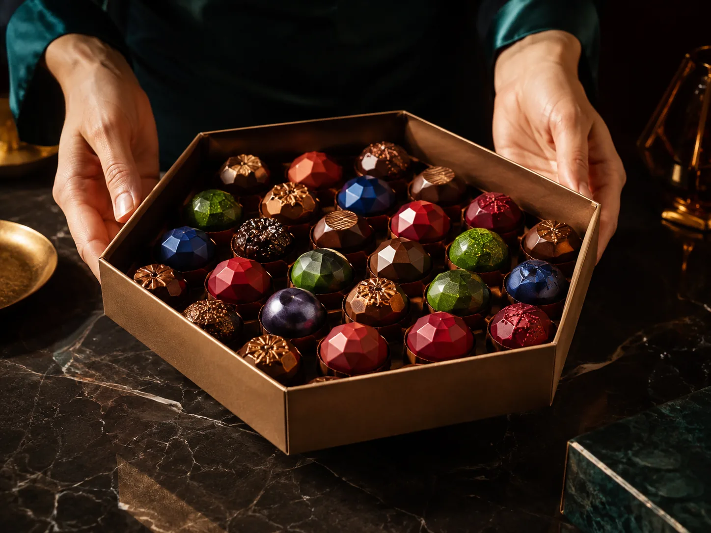 Two hands lifting a kraft six corner tray of filled chocolates by its rim on a dark counter, the walls staying square.
