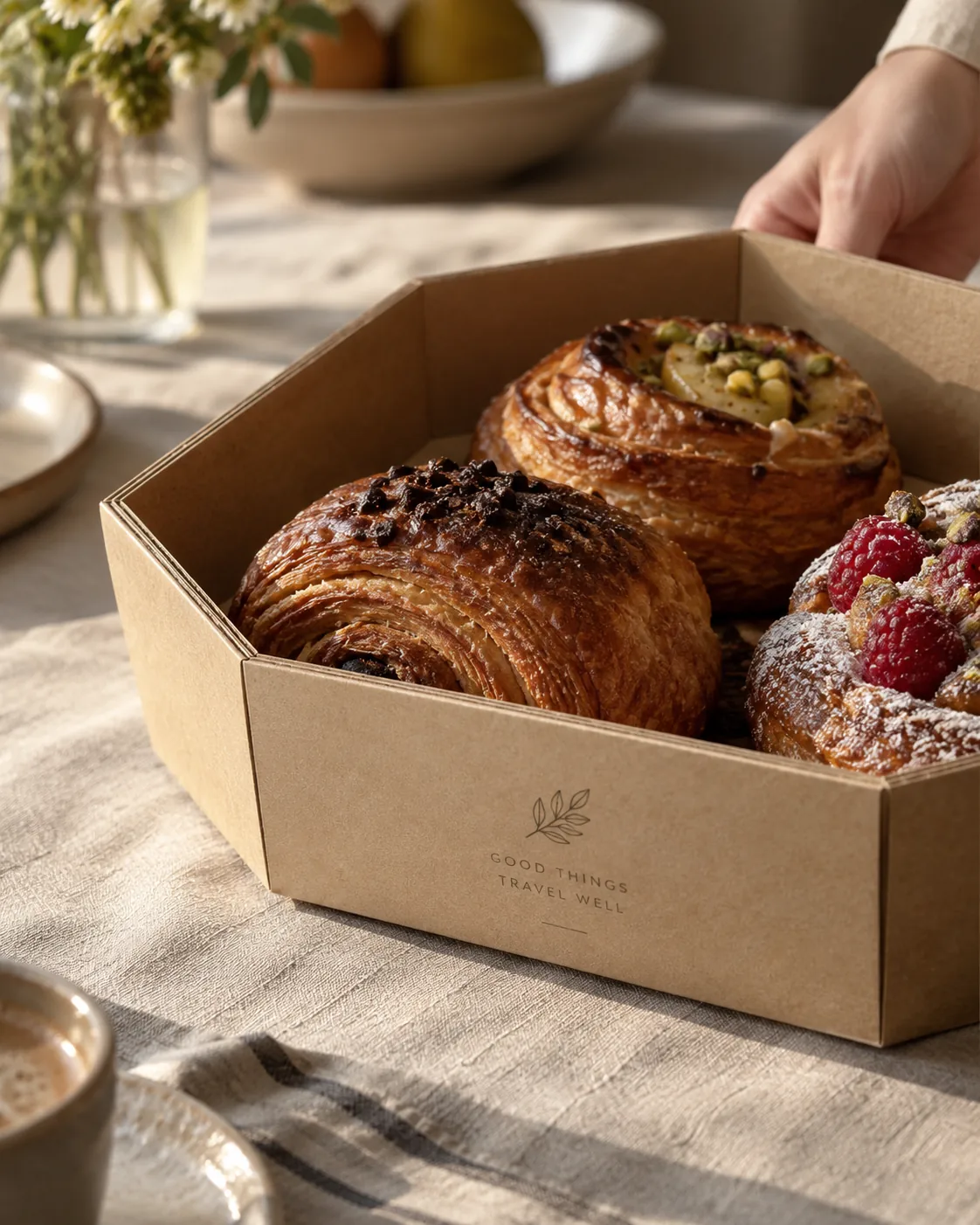 A kraft six corner tray of pastries on a linen cloth, a hand lifting one end wall, the angled corners standing without a lid on the tray