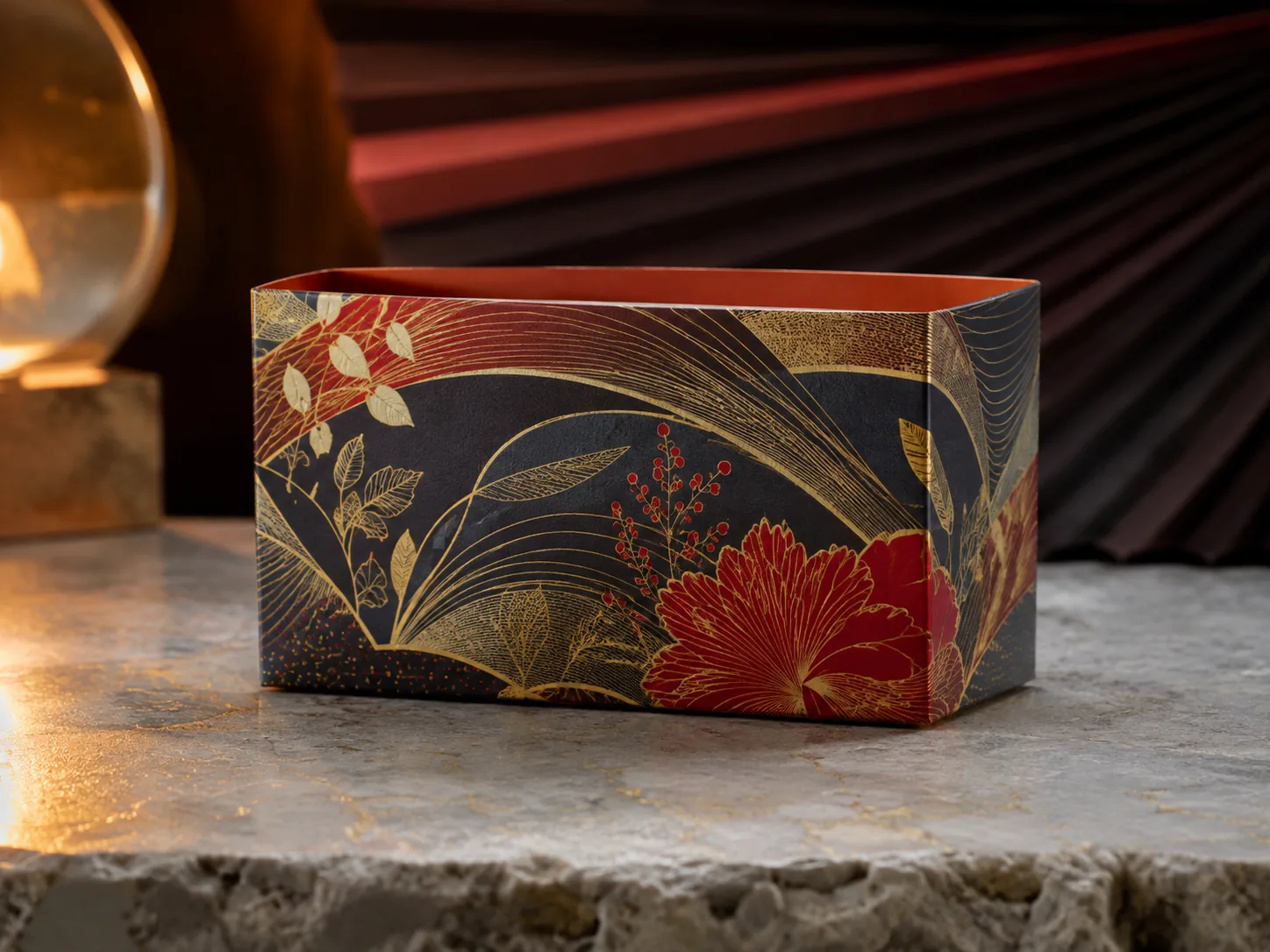 A printed sleeve standing on its own on a stone bench, opened into a rectangle with nothing inside it.