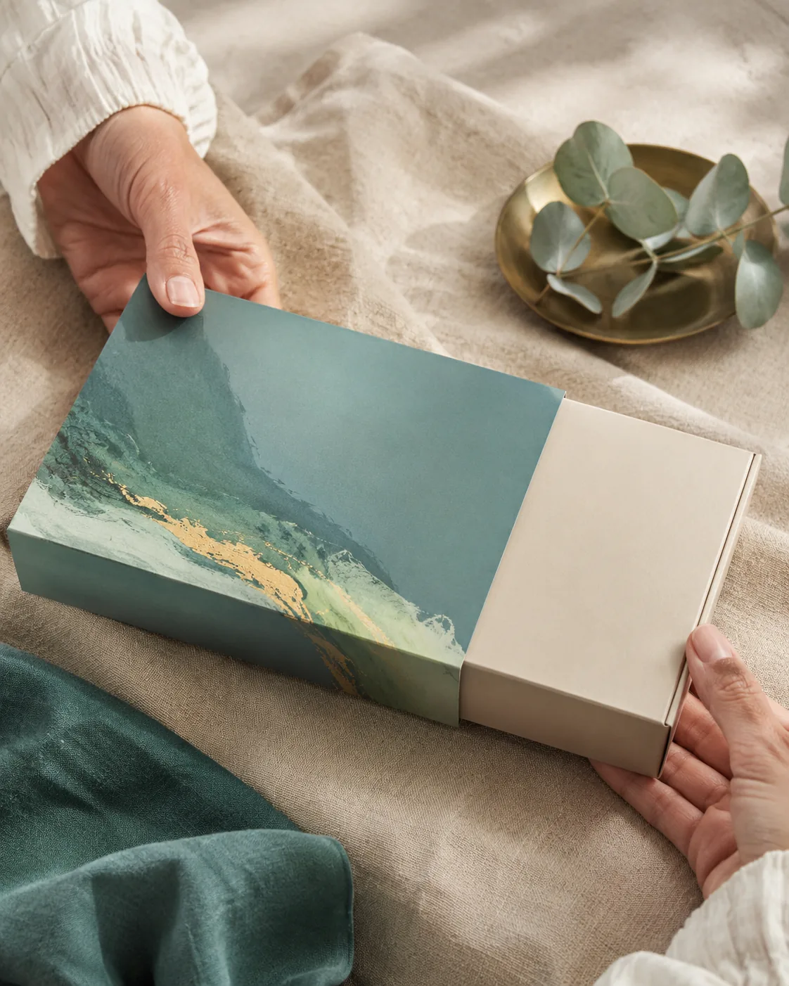 Two hands sliding a printed sleeve over a plain inner carton on a linen ground, caught halfway on.