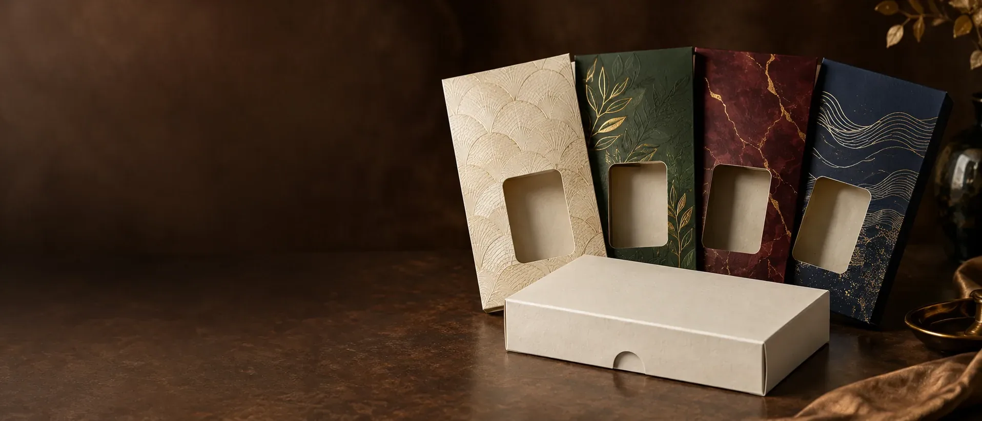 One plain inner carton with four printed sleeves fanned out behind it, all the same size and each a different design.