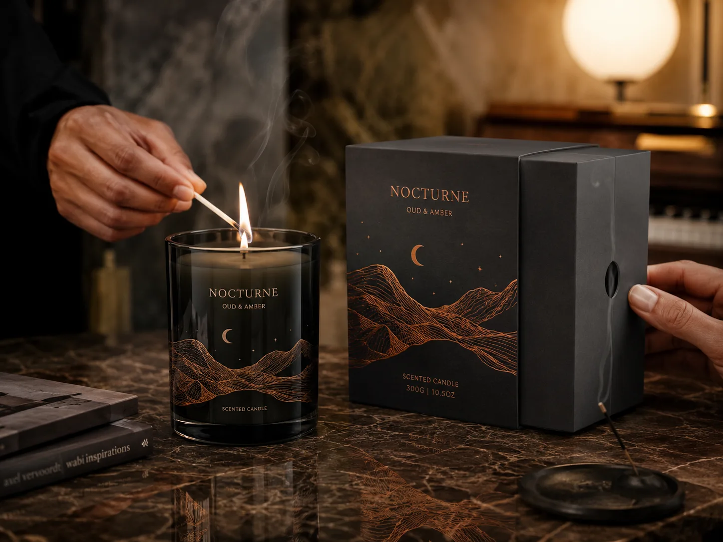A matte black candle carton with a copper foil landscape, a hand drawing its sleeve away