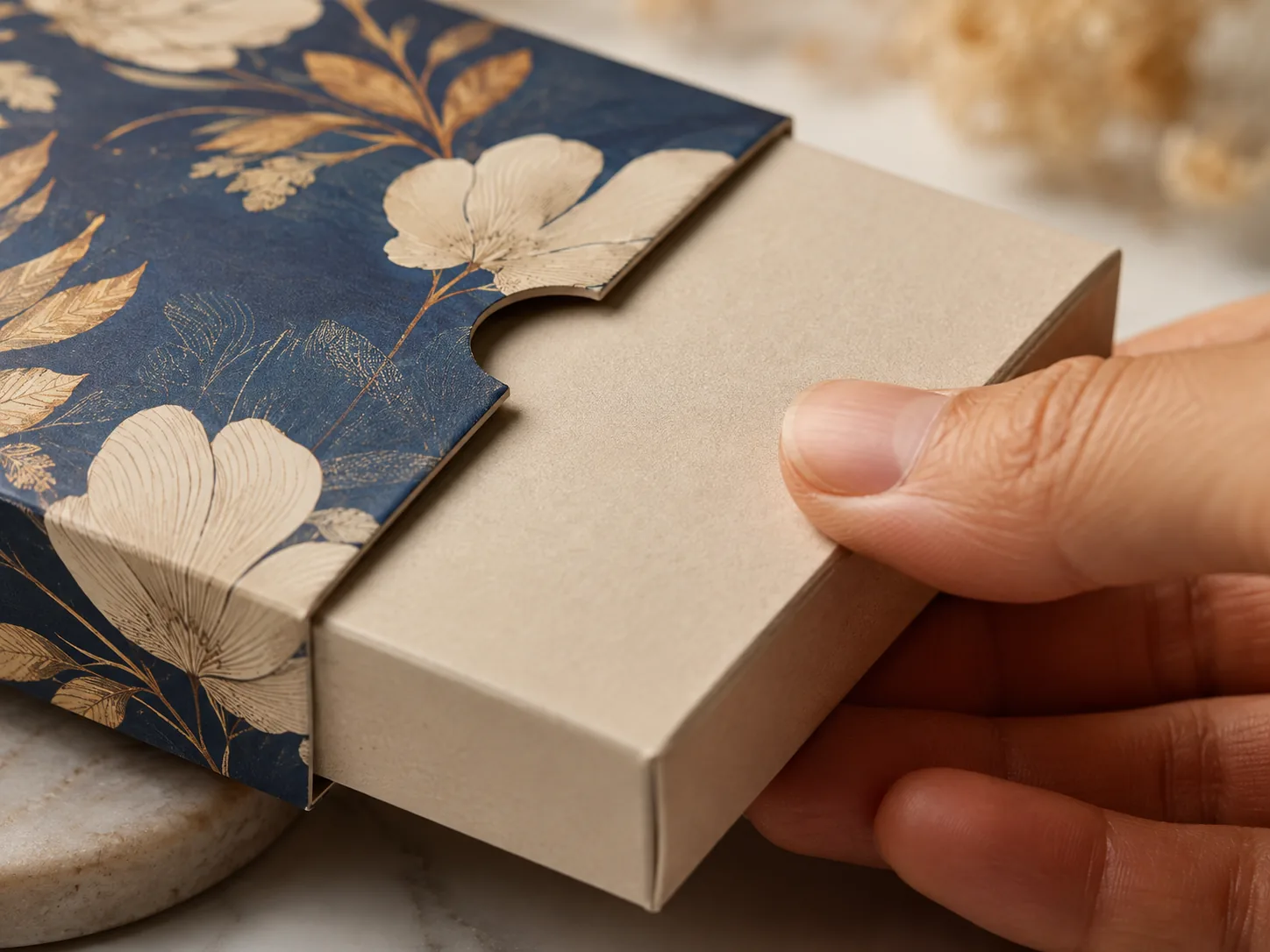 A close frame of a thumb notch cut into the end of a printed sleeve, a hand pushing the plain inner tray out through it.