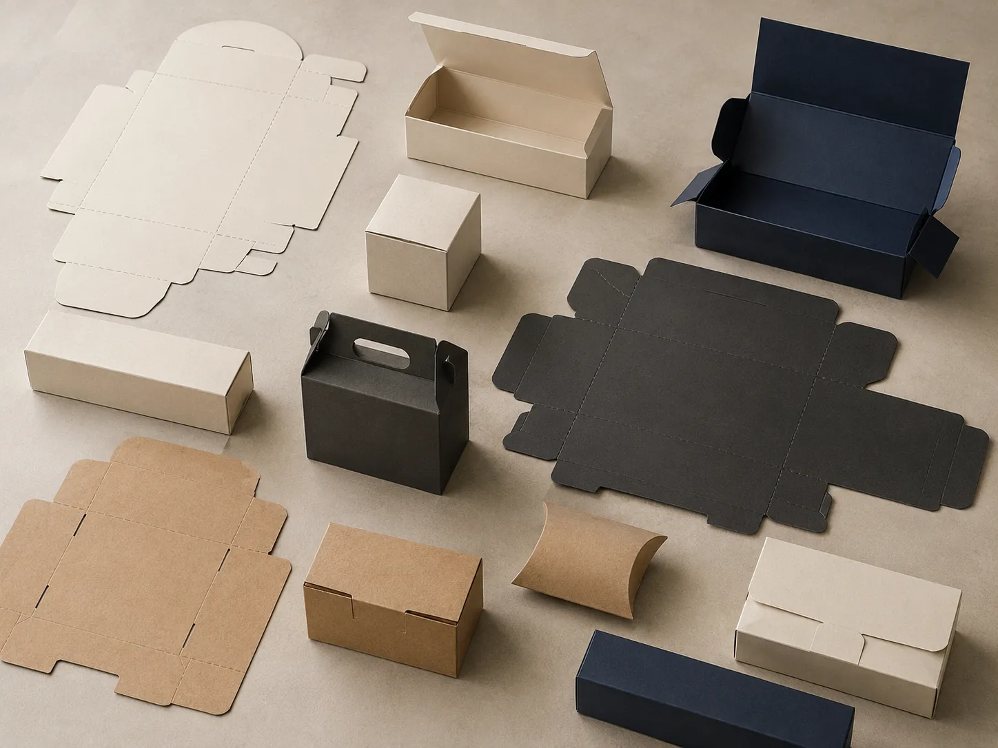 Flat carton blanks laid out side by side showing different die cut structures
