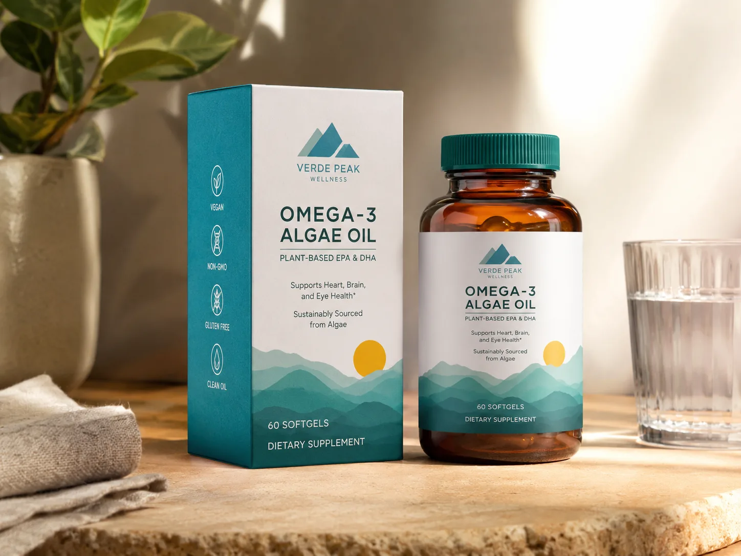 An omega-3 carton standing beside the bottle it was built around, both facing the camera in daylight