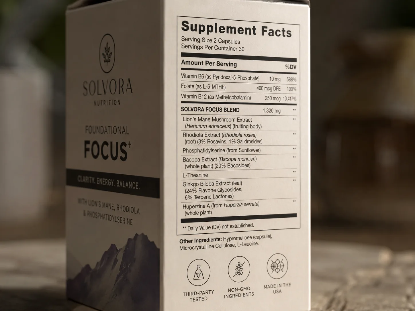 The Supplement Facts panel printed on a carton side, hairline rules and small type holding at close range