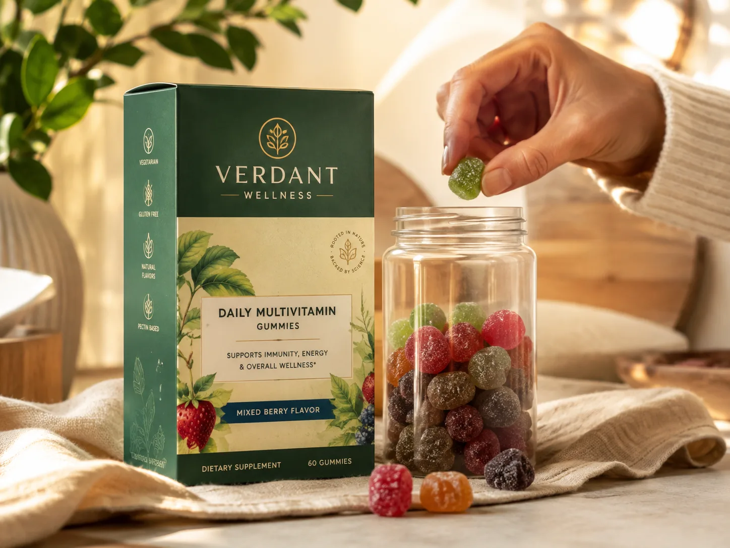 A gummy multivitamin carton standing beside its open jar, a hand lifting one gummy out