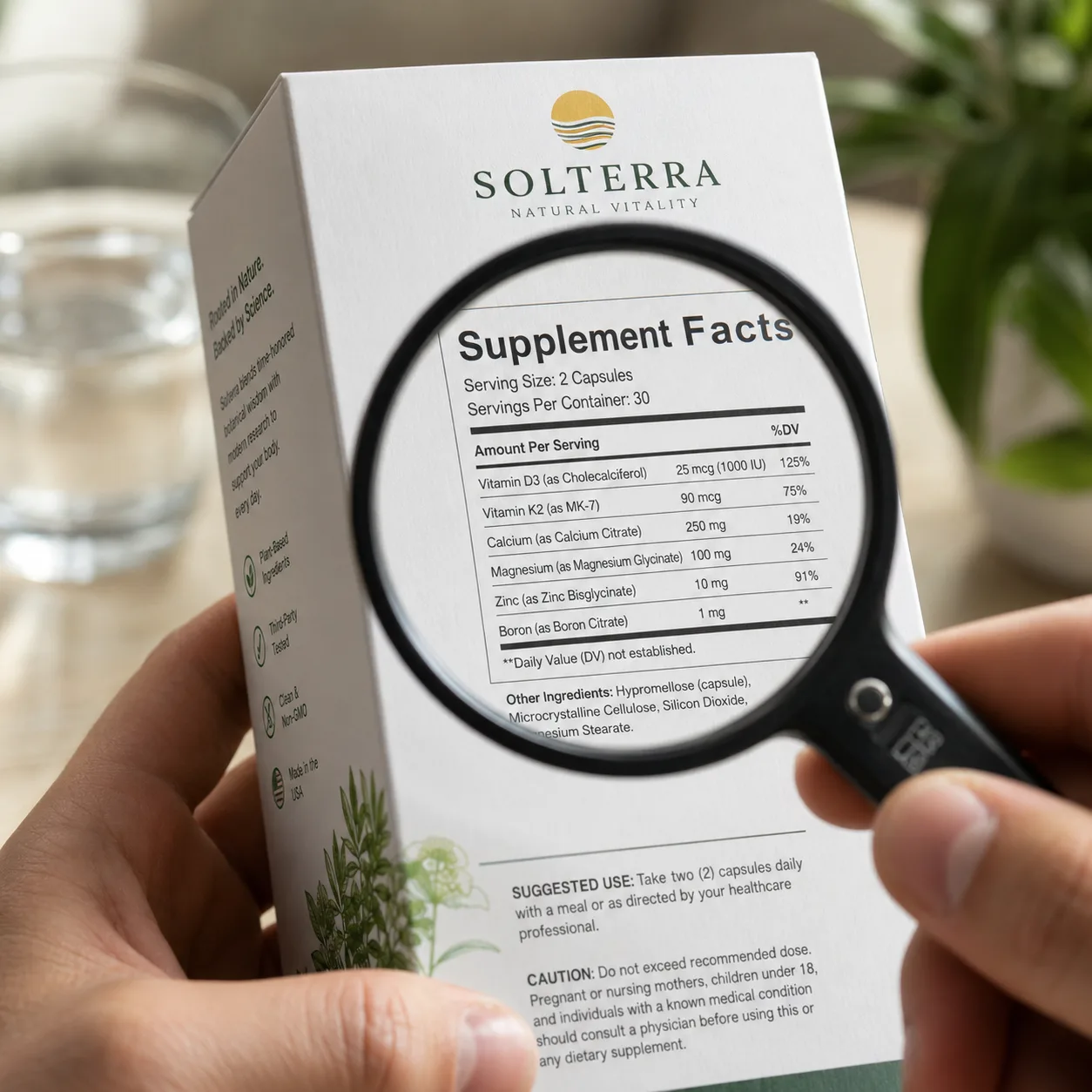 A carton held in two hands with a magnifier over the Supplement Facts panel, the rules and figures resolving under the glass