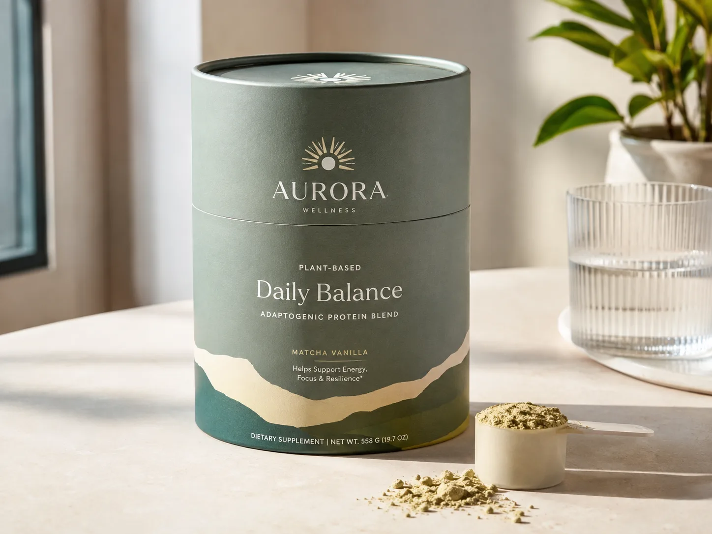 A plant-based protein canister on a pale counter with a filled scoop beside it
