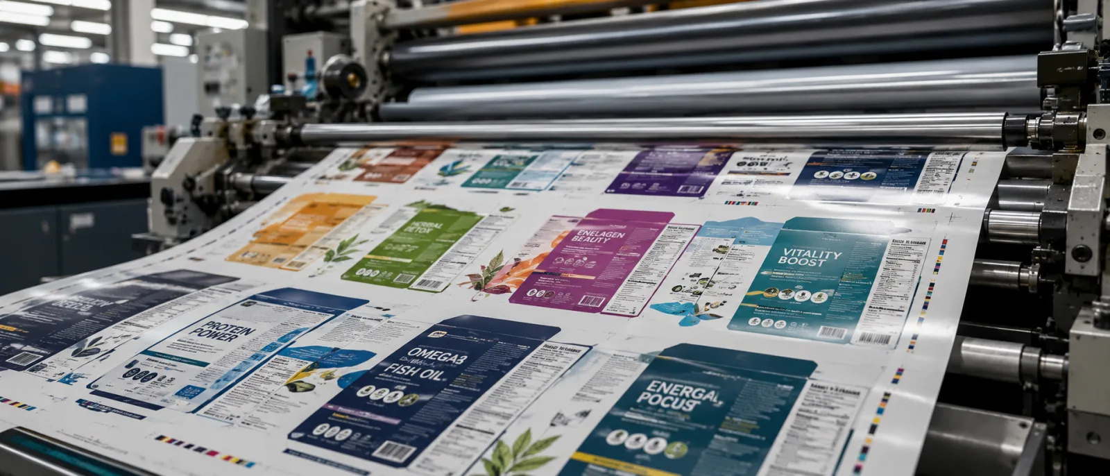 A press sheet of supplement labels running through the delivery, color bars along the trailing edge