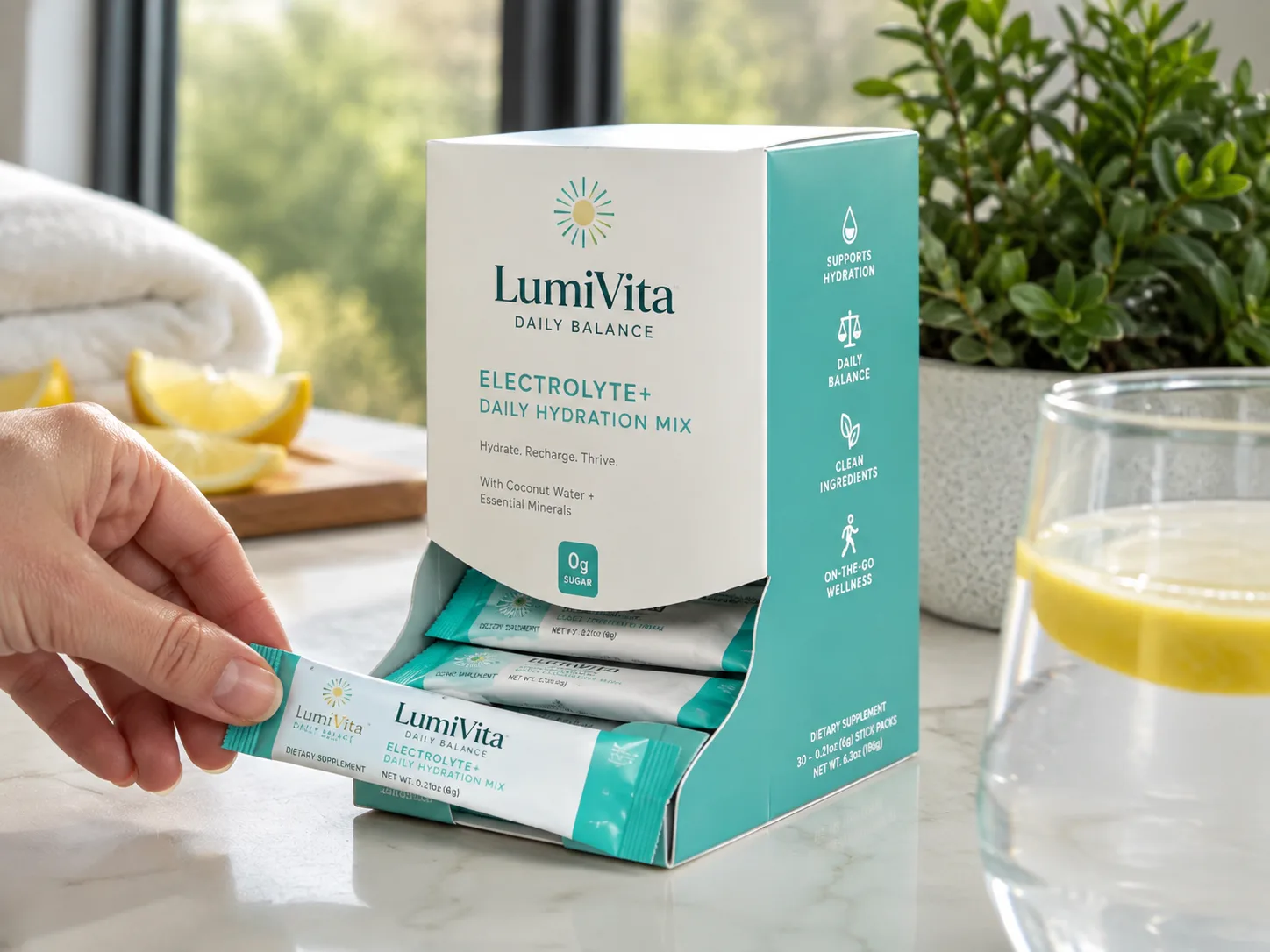 A stick pack dispenser carton with the tear-away front open, a hand drawing one sachet from the row