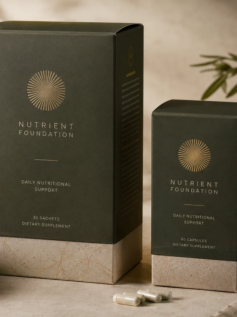 Two supplement cartons in one livery, a sachet box and a capsule box standing together