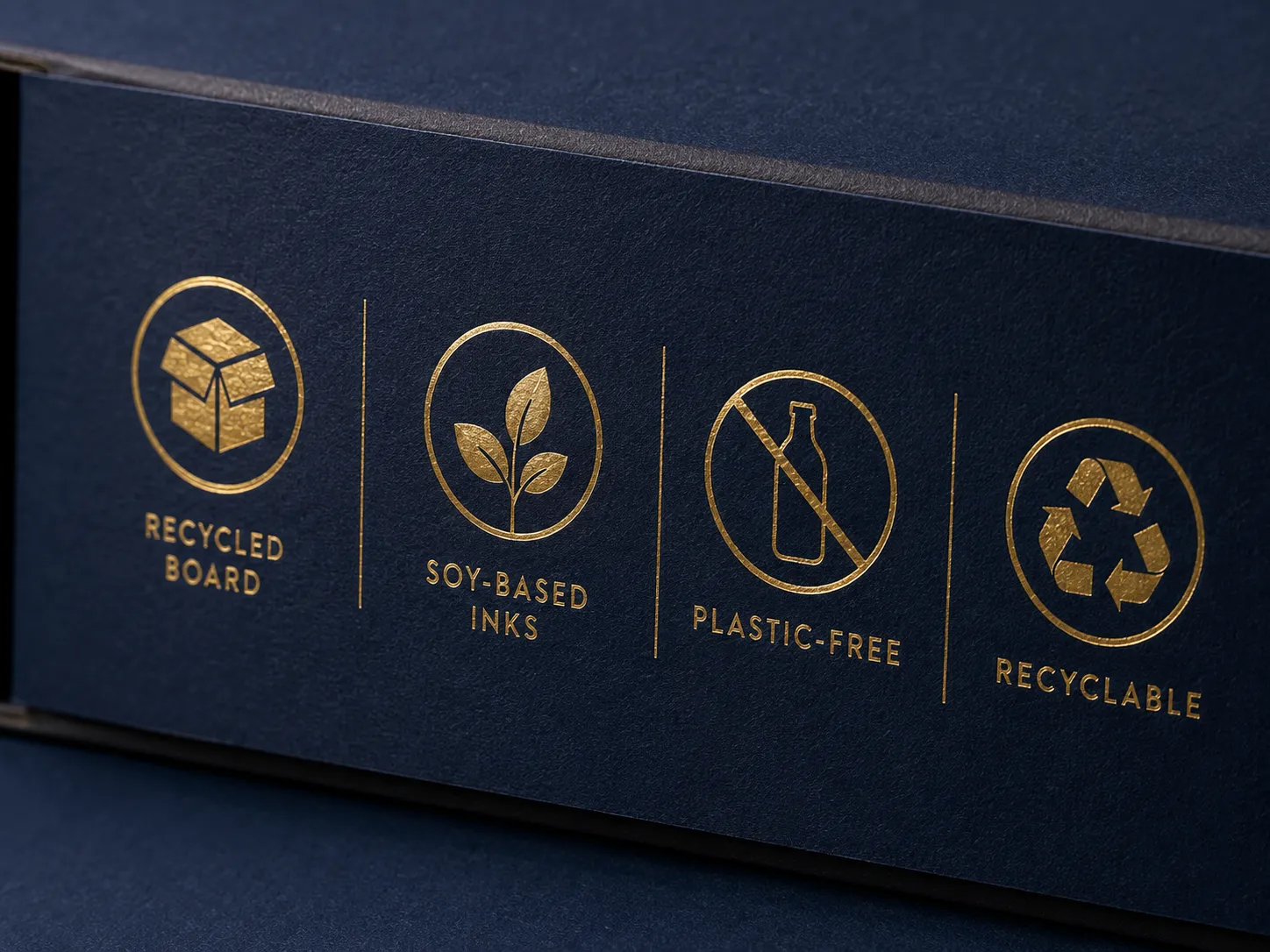 A navy carton sleeve foil stamped with four gold icons reading recycled board, soy based inks, plastic free and recyclable.
