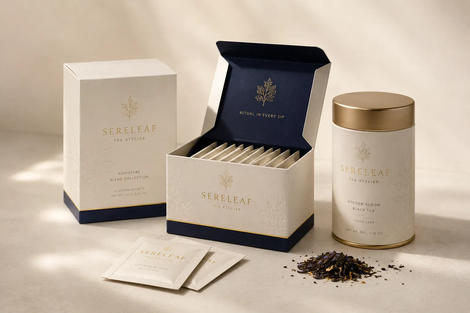 Two tea cartons in one livery, one closed and one open with its lid folded back showing the sachets inside, beside a tin