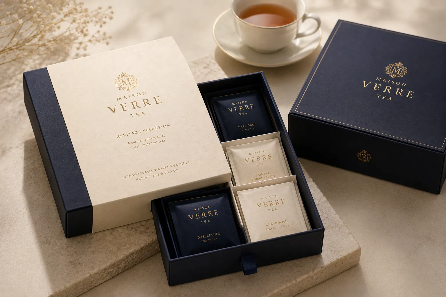 A navy and cream tea caddy set on stone, a gold foiled crest raised off both lids