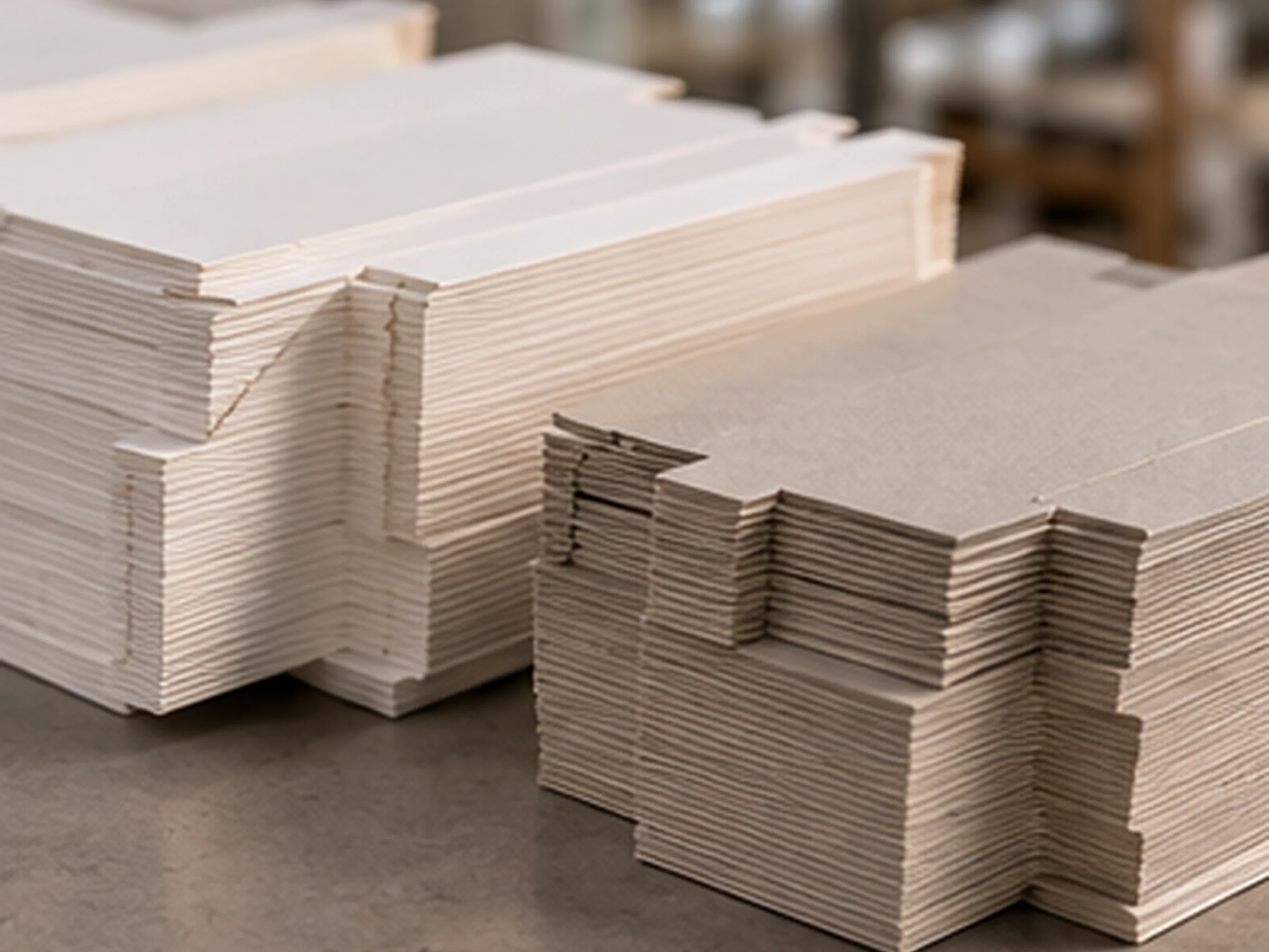 Die cut hinge lid blanks in two board grades stacked on a bench, cut edges to camera