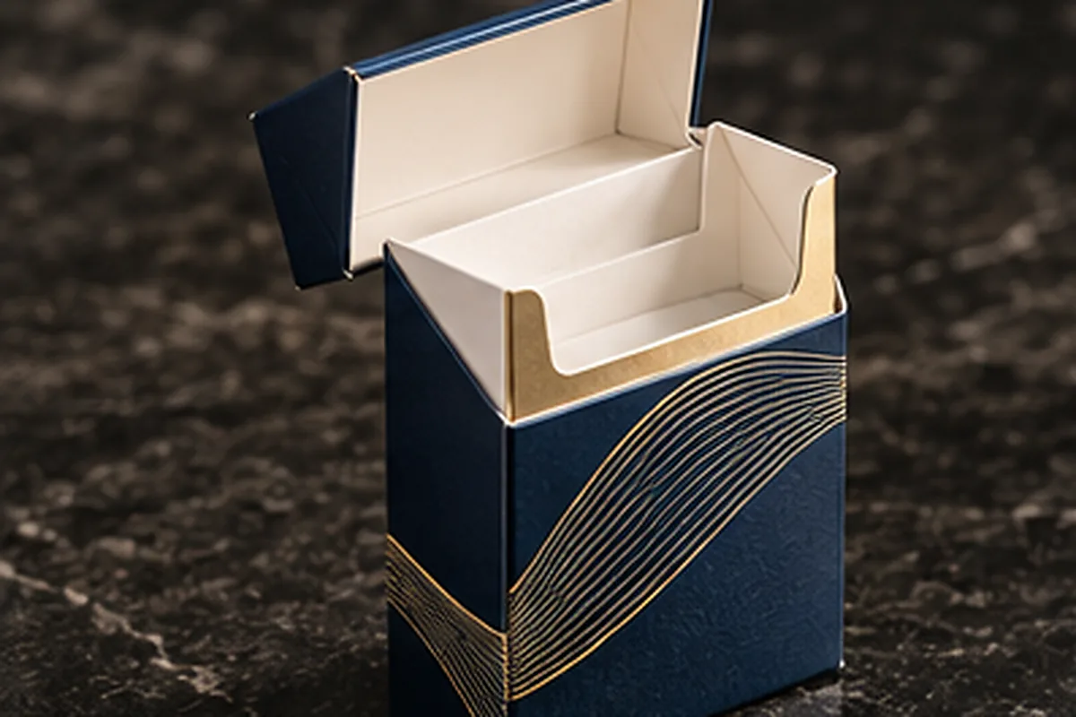 A navy hinge lid pack open on dark stone, the lid back and the inner frame standing