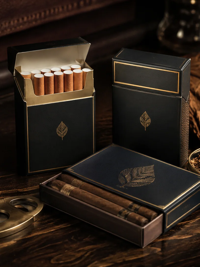 Tobacco packs in black and gold, a hinge lid pack open beside a cigar box