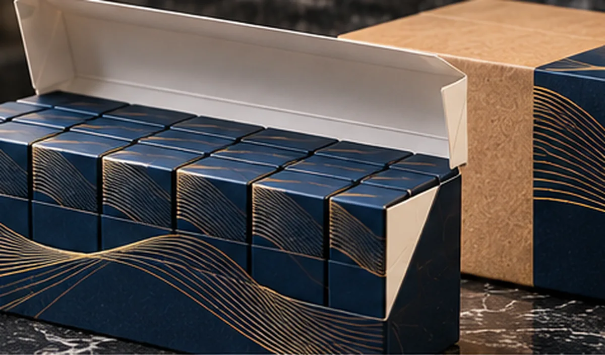 An open ten pack carton full of navy and gold hinge lid packs in front of a kraft shipping outer banded in the same livery