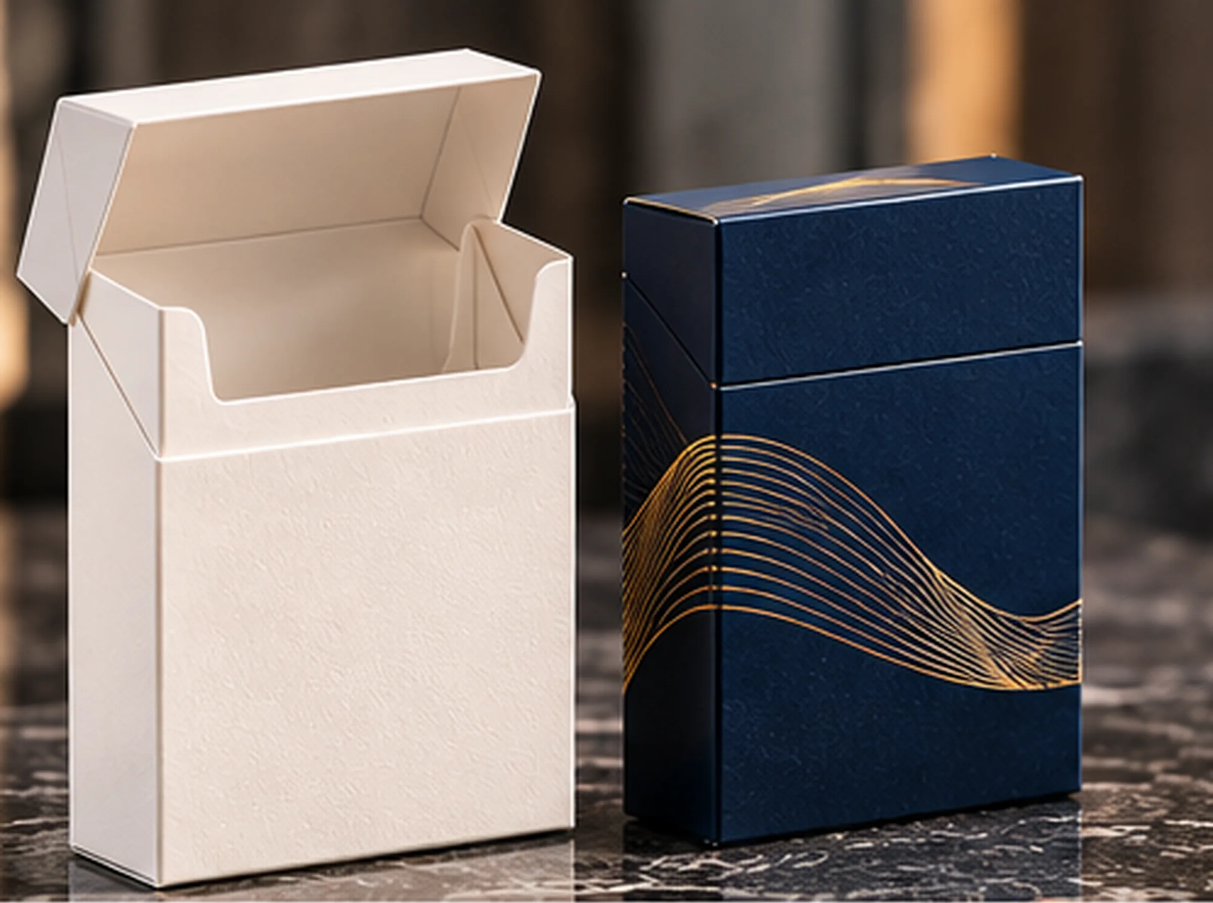 An unprinted hinge lid pack standing open beside a closed navy pack with gold line work, on dark stone