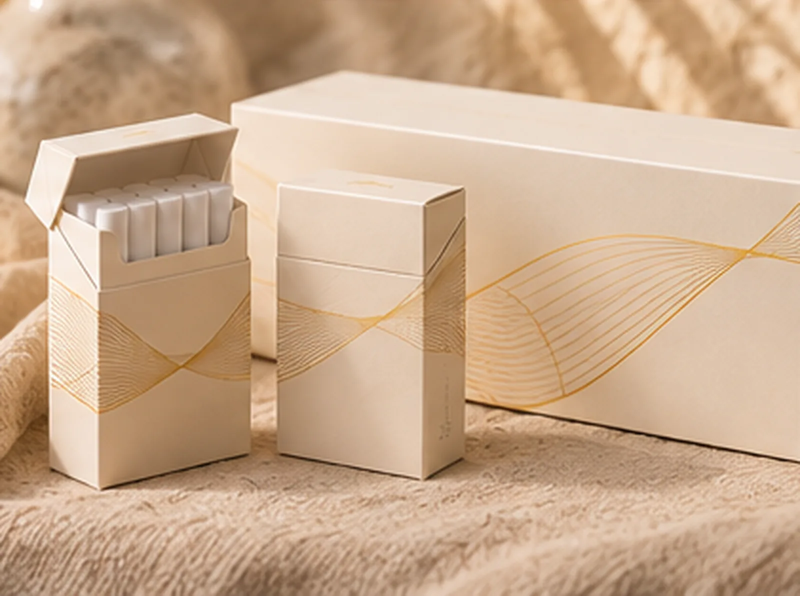 An open pack, a closed pack and a carton in one ivory and gold livery on linen