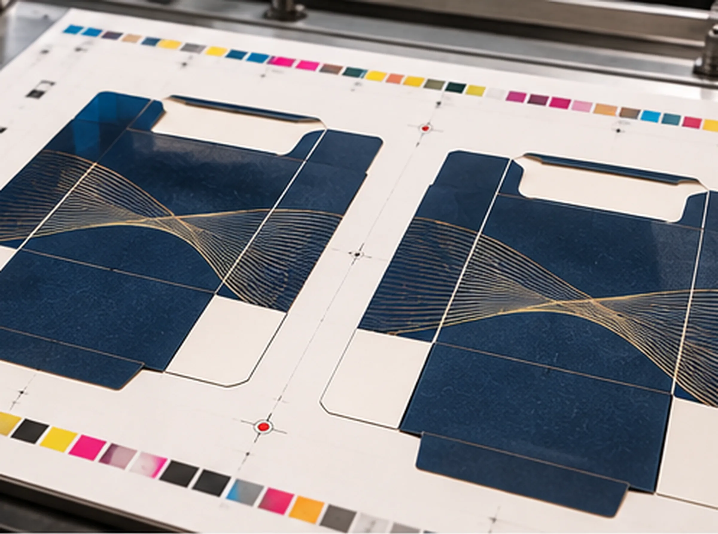A printed press sheet of two navy and gold hinge lid pack dielines, color bars along both edges and registration marks between them