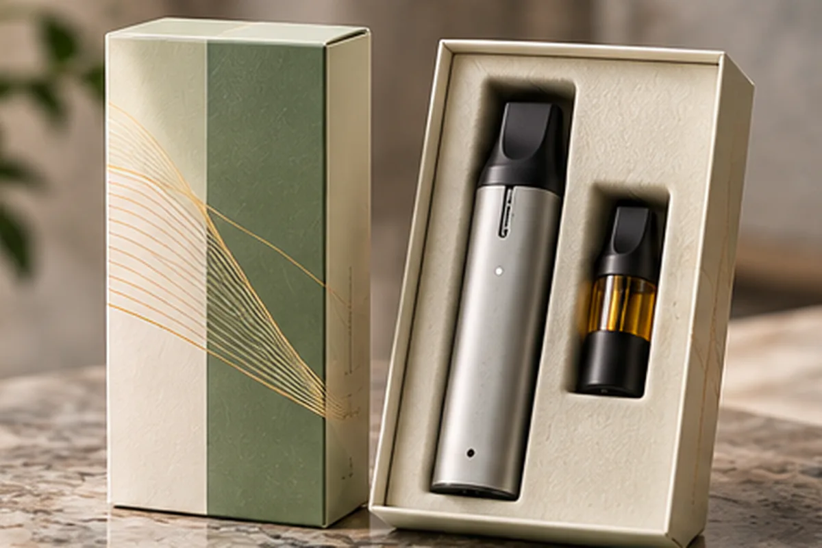A sage and ivory vape carton standing beside its open insert tray, a silver device and a cartridge seated in the tray