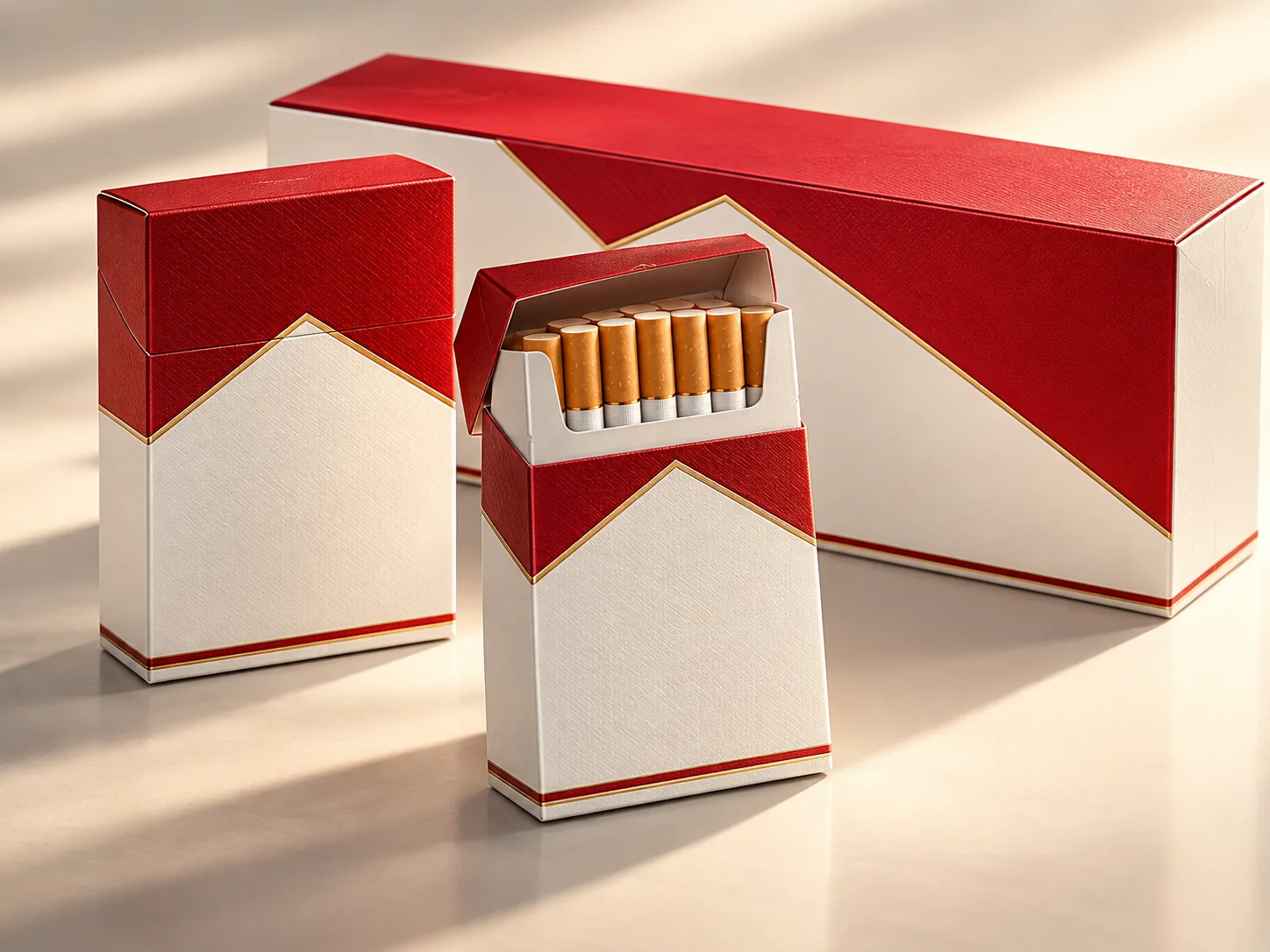 Two red and white hinge-lid packs, one open on a row of filters, in front of a matching ten-pack carton