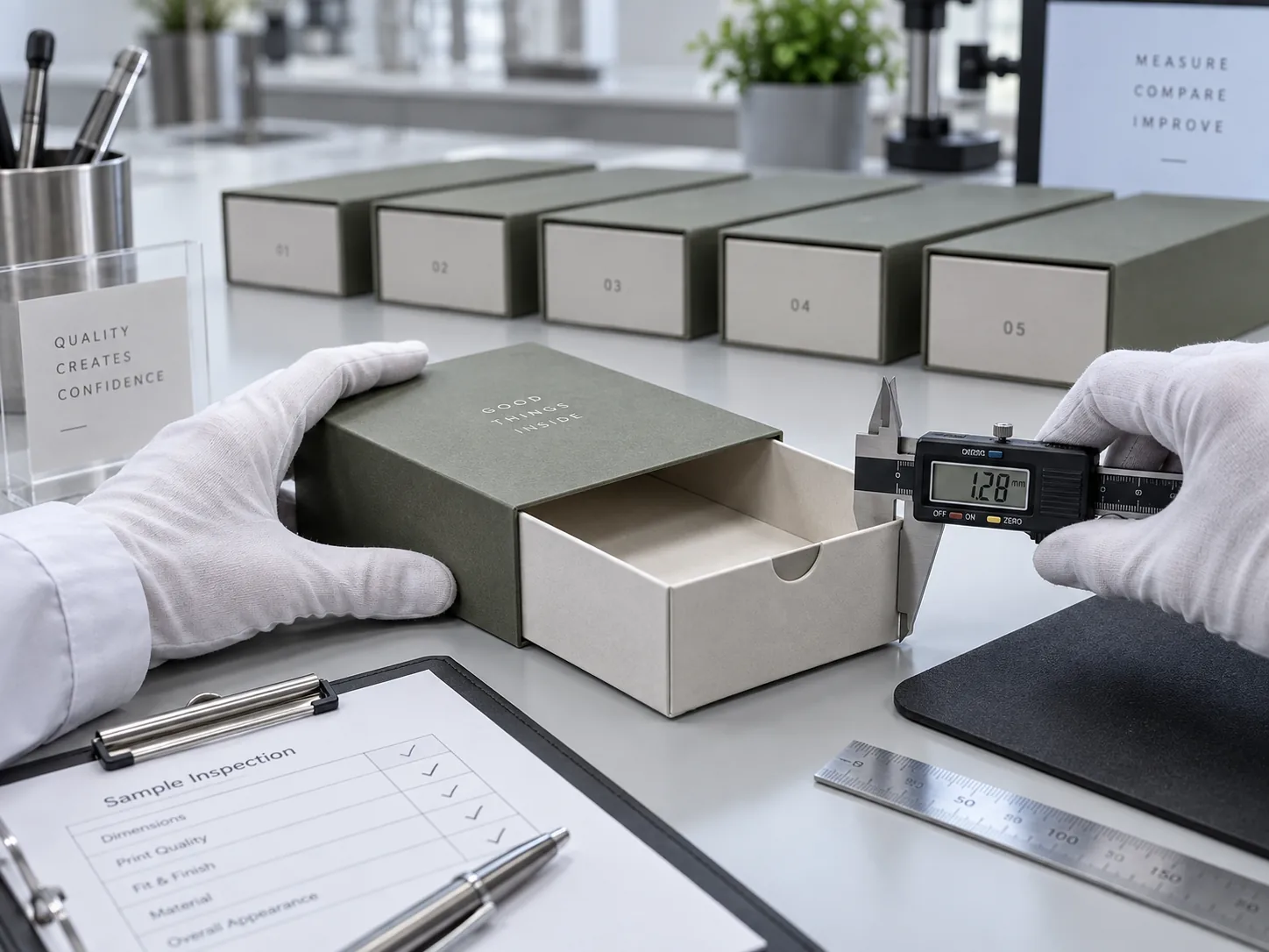 Gloved hands measuring the drawn tray of a sage and stone tray and sleeve pack with digital calipers, a run of numbered samples standing behind it and a sample inspection sheet on the bench.