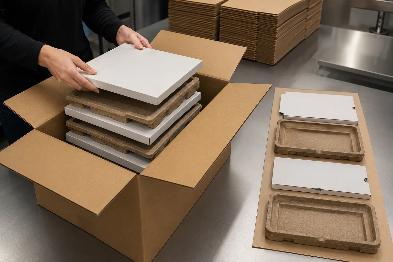 Trays and sleeves being packed into one shipping case in alternating layers, a measured sample set laid out on the bench beside it.