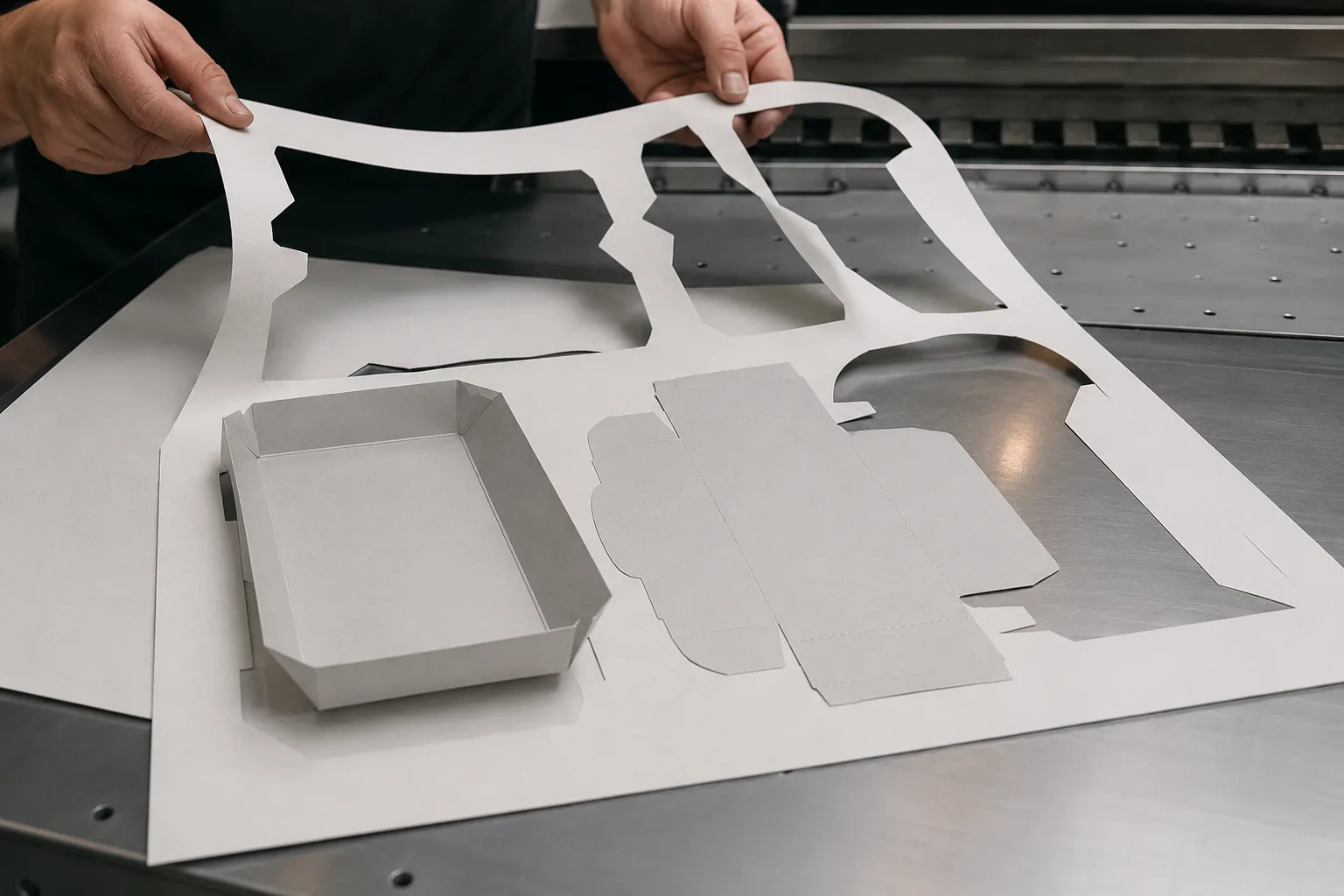 A die cut sheet lifted off the pile with the waste skeleton coming away from it, the separated blanks and an erected tray on the table beneath.