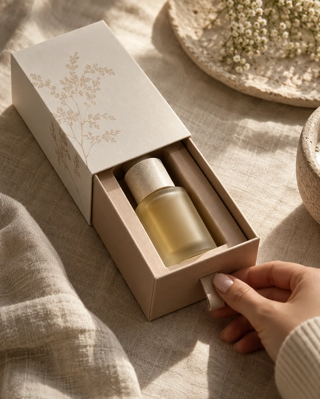 A kraft tray and sleeve pack on linen with the tray drawn a third of the way out by its ribbon pull, a frosted bottle standing in the fitted well inside it.