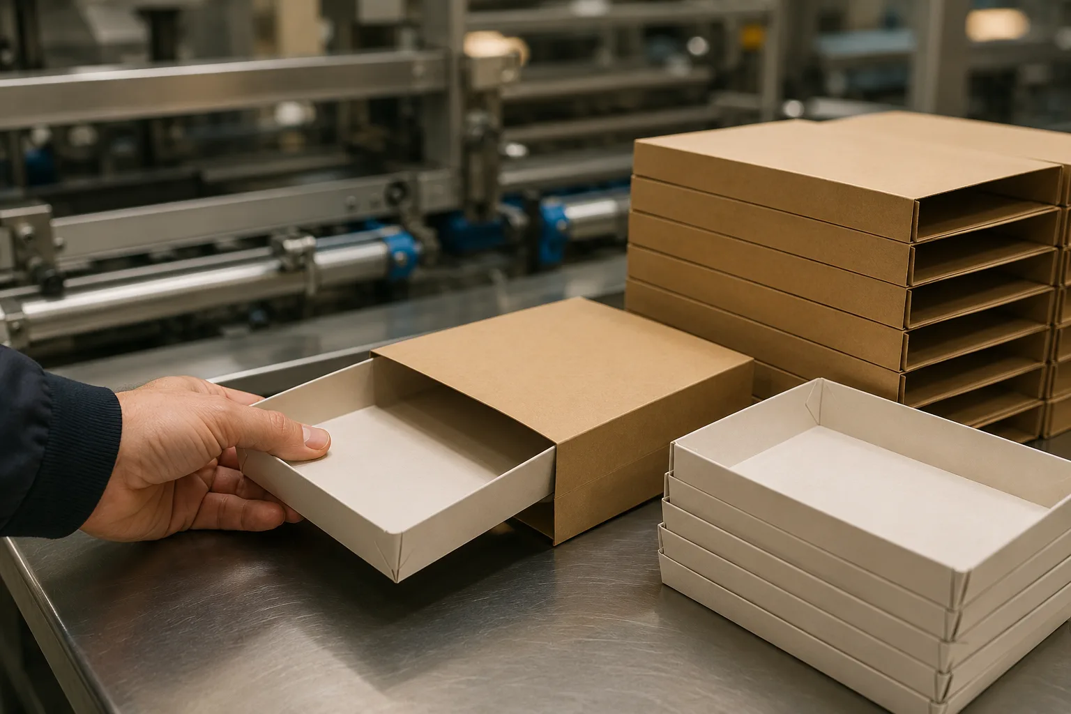 A hand drawing a freshly glued tray out of its kraft sleeve at the end of the folder gluer, stacks of finished trays and sleeves on the bench beside it.
