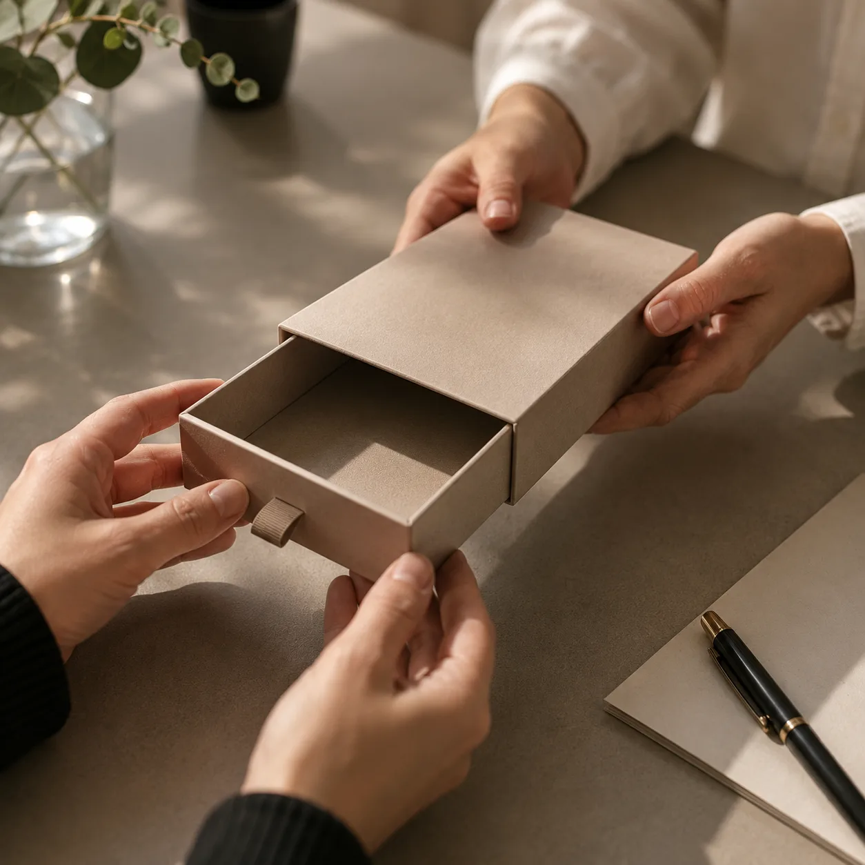 A drawer pack being opened across a desk towards another person, the tray a third of the way out of the sleeve, both pairs of hands in frame and both faces out of it.