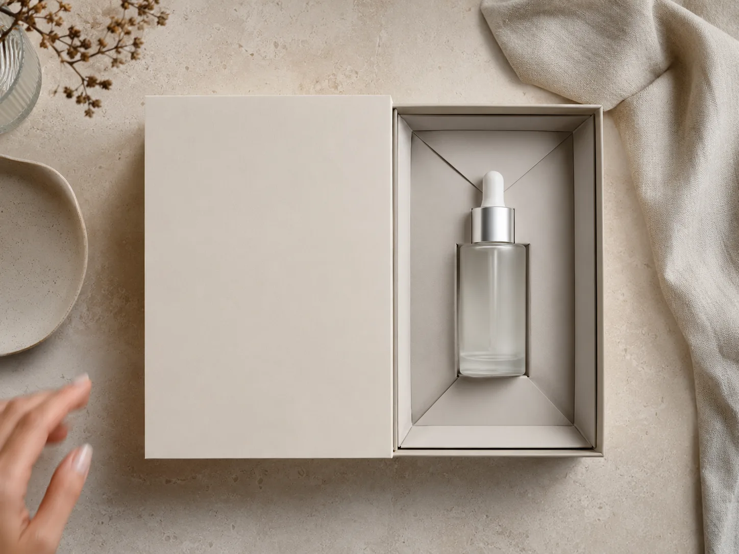 An open tray and sleeve pack seen from directly above on a pale stone surface, a folded board platform inside the tray holding a frosted serum bottle upright.