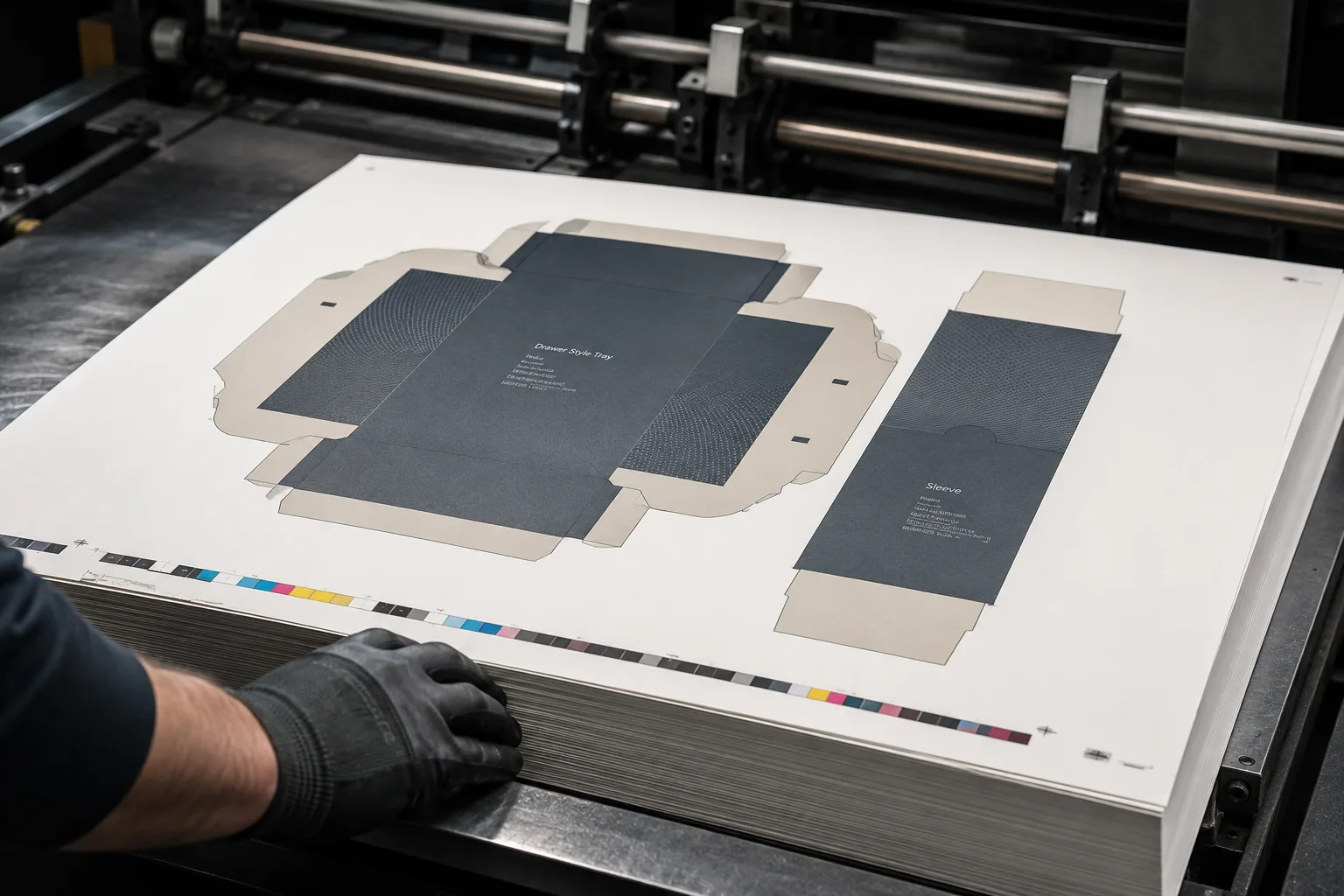 A press sheet on the delivery pile carrying the tray blank and the sleeve blank of one pack side by side, color bars along the trailing edge.