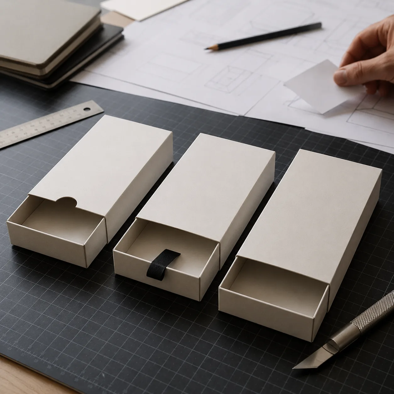 Three unprinted prototype packs on a cutting mat at a design bench, one with a thumb notch cut in the sleeve, one with a ribbon pull taped into the tray, one plain.